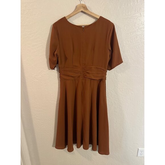 Y eShakti Retro Mocha Brown V Neck Ruched Middle Swing Midi Dress - Picture 14 of 15